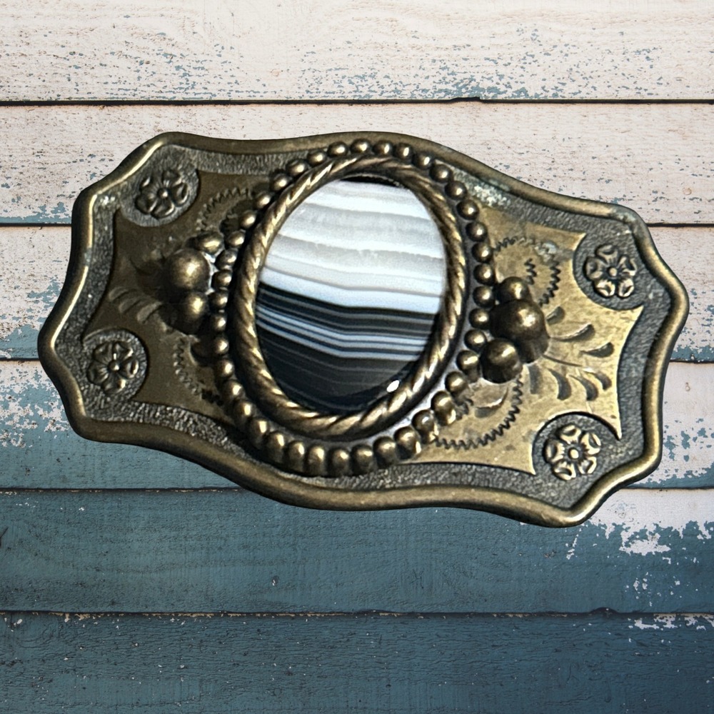 Vtg Western Brass Belt Buckle Banded Agate Stone Cabochon Scrollwork Cowboy Boho